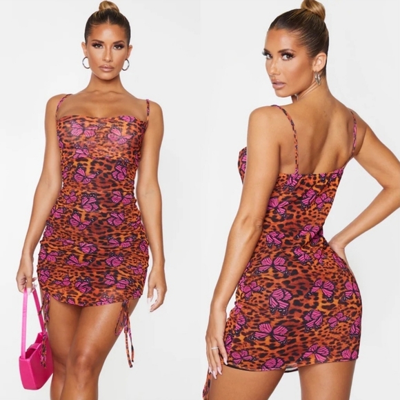 PrettyLittleThing Dresses & Skirts - Prettylittlething Tan Leopard Butterfly Print Strappy Ruched Tie Hem
